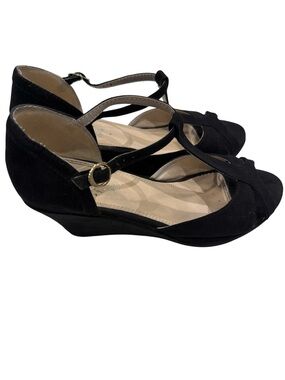 Black T-Strap Open-Toe Heels with Ankle Buckle - Women